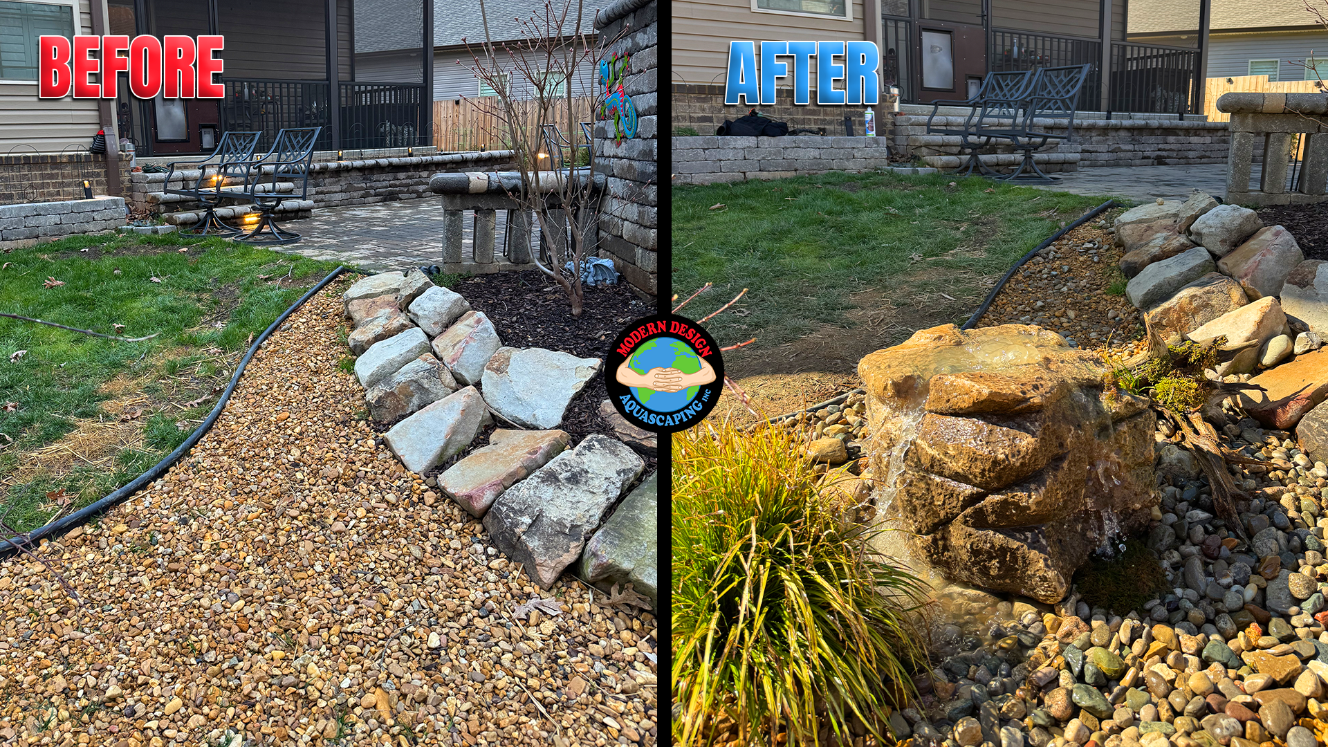 Backyard transformation with water feature installation.