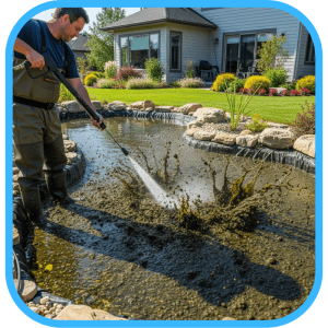 Man power-washing backyard pond with water spray.