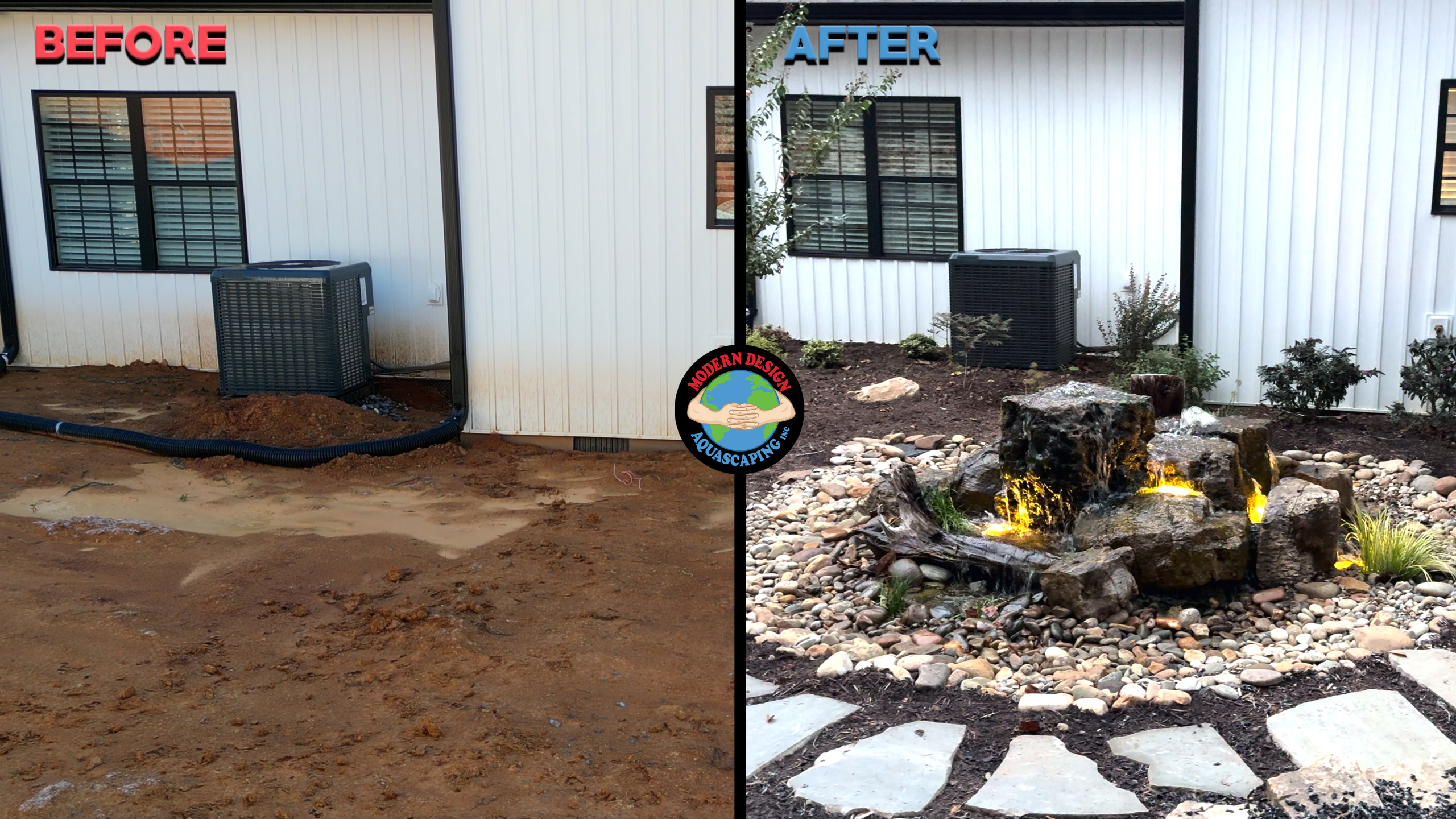 Before and after backyard landscape transformation with fountain