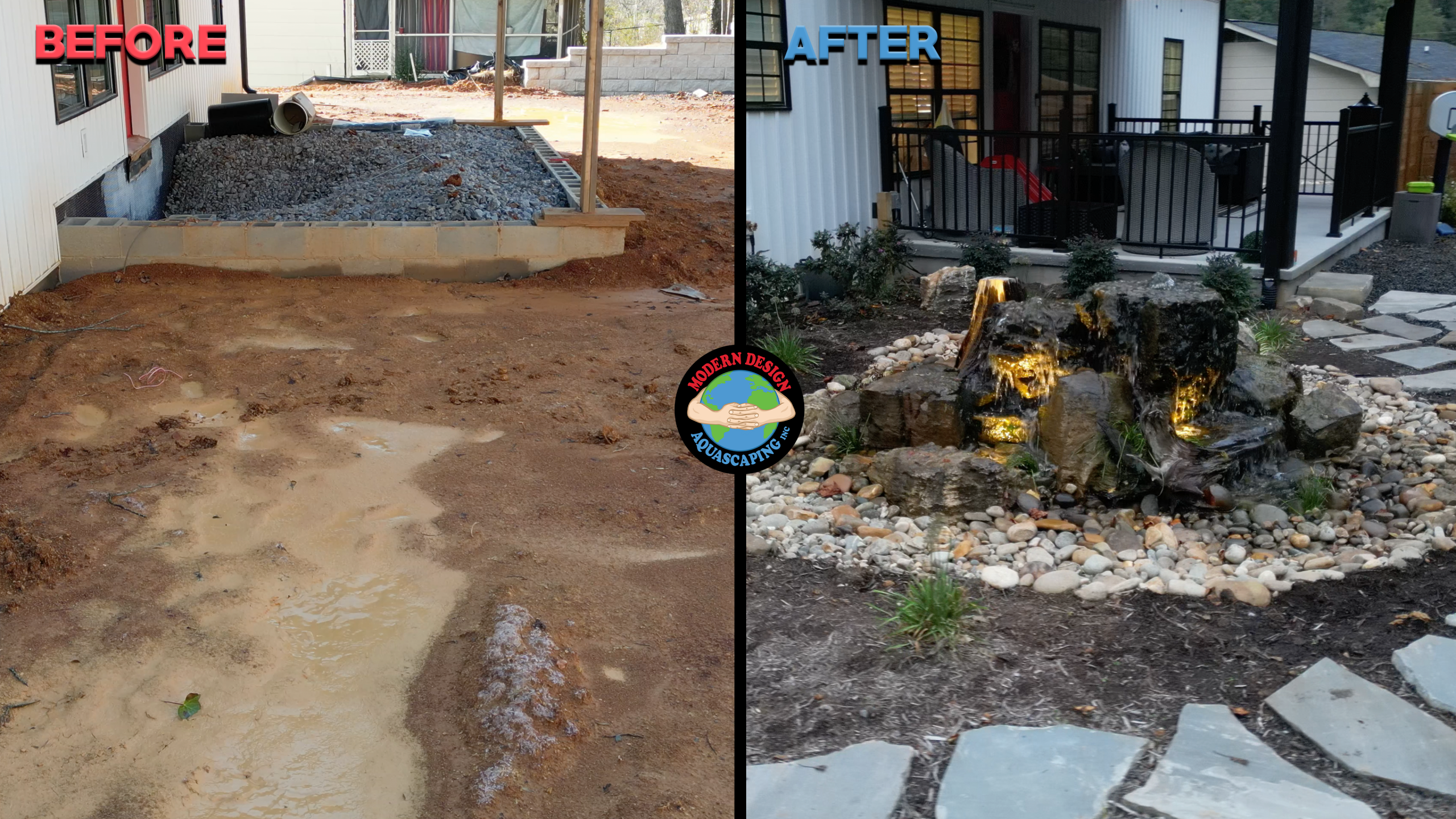 Backyard transformation with water feature and patio improvements.