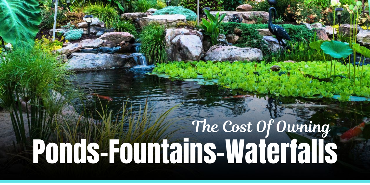 Garden pond with lush greenery and waterfalls