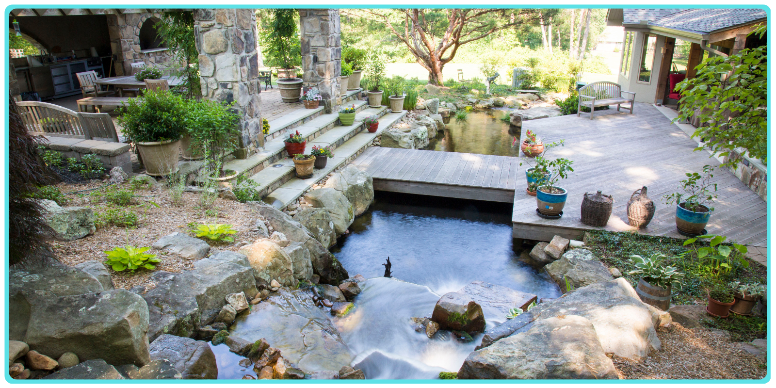 Beautiful garden with pond and patio area