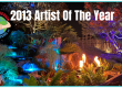Award-winning aquascape garden with colorful lights and fire.