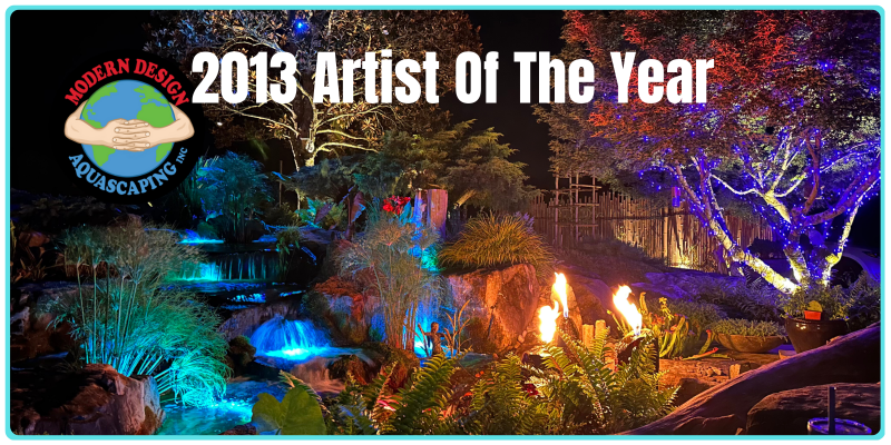 Award-winning aquascape garden with colorful lights and fire.