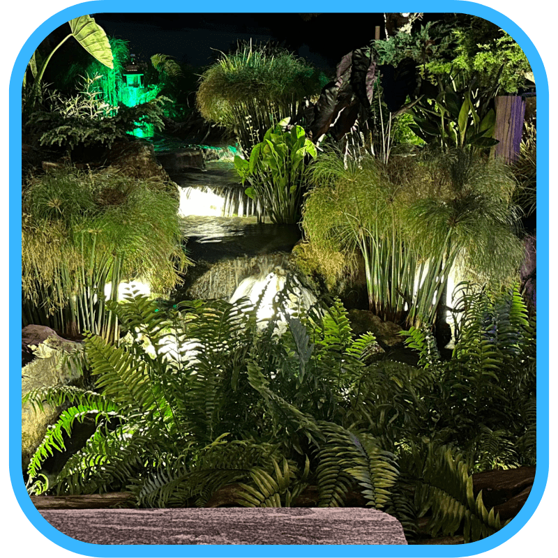LED lighting illuminating a backyard waterfall at night