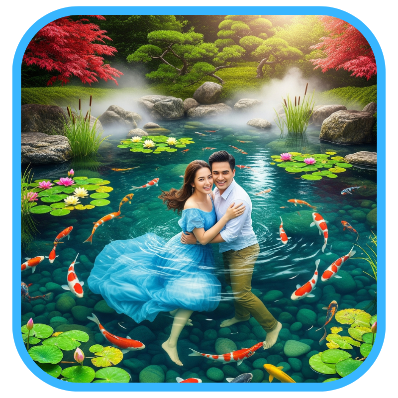 Colorful koi pond illustration showing a couple enjoying their backyard water feature