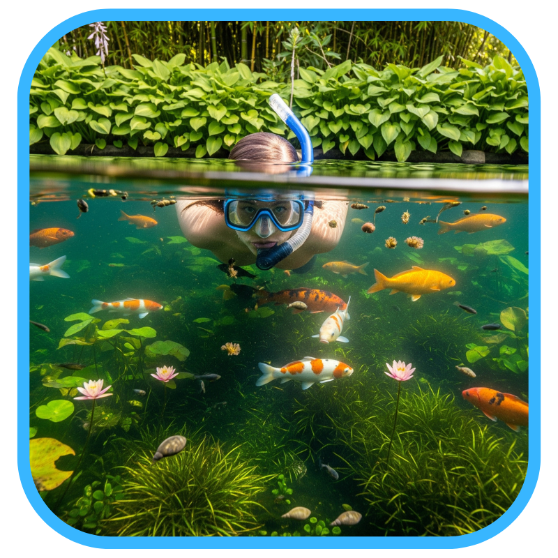 Children exploring and playing in a beautiful backyard koi pond surrounded by nature