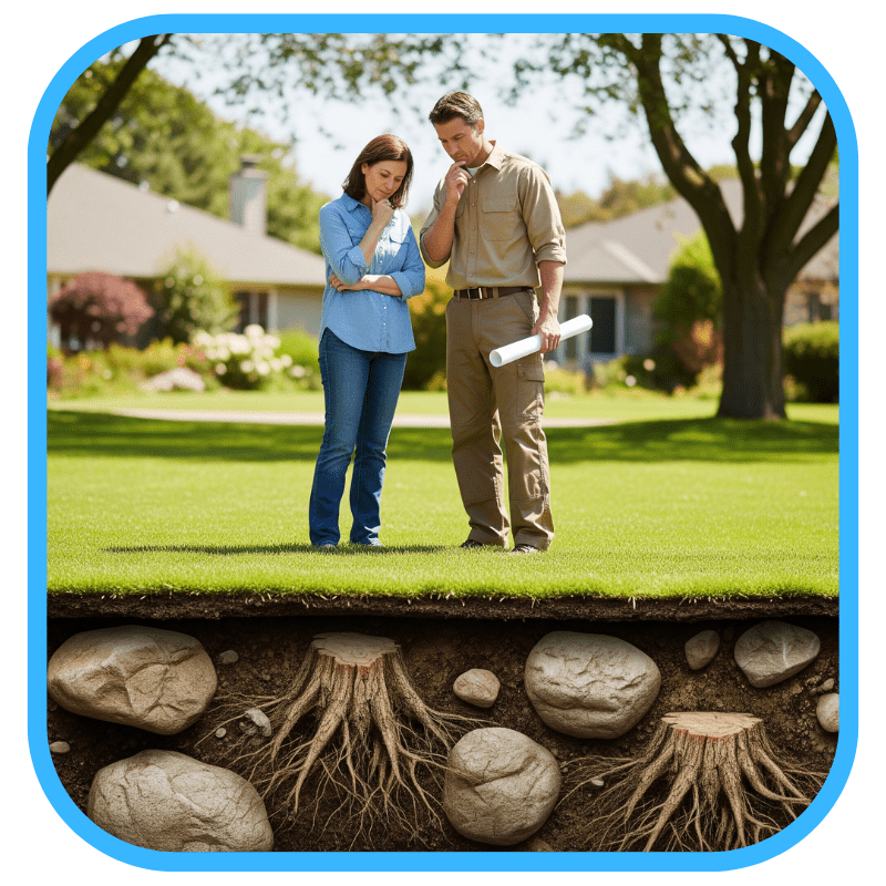 Illustration showing underground obstacles that can affect pond construction costs
