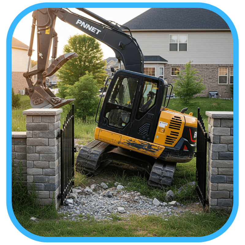 Excavator working on a pond build site next to a residential home