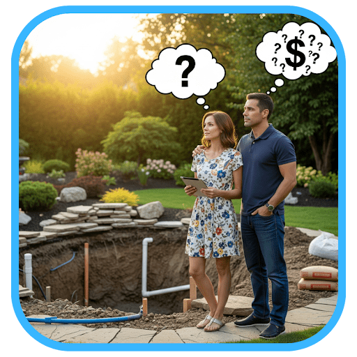 Couple standing by a beautiful backyard pond at sunset wondering about pond costs