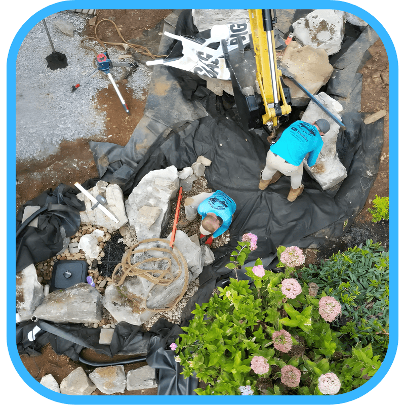 Aerial view of MDA crew working on pond construction