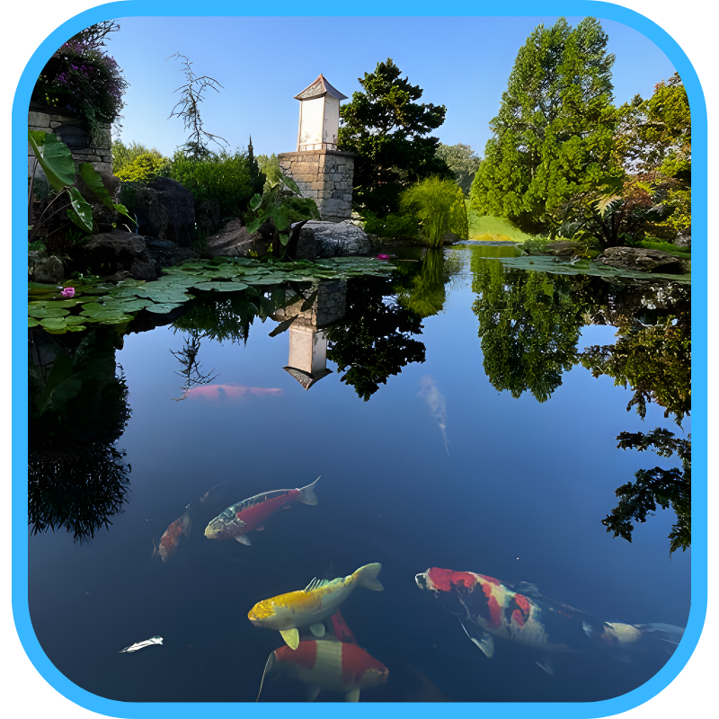 Wider scenic pond shot showing healthy ecosystem with koi visible