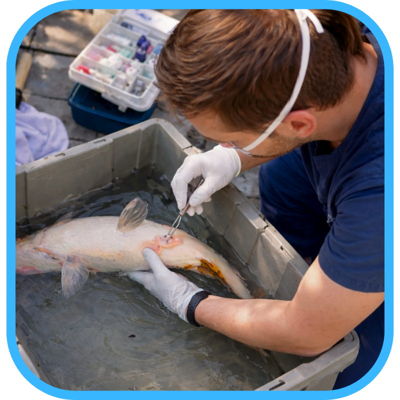 Aquatic veterinarian examining a koi during a health check